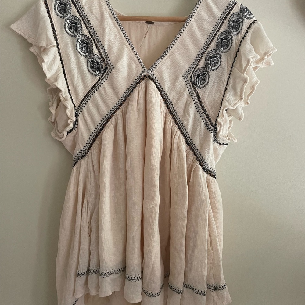 Boho Cream Blouse with Black Embroidery